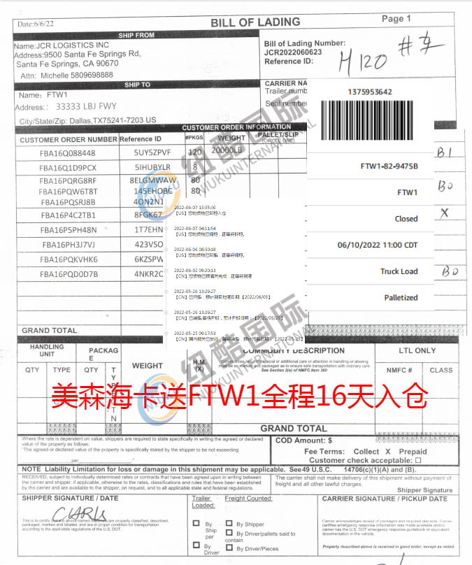 6月10日入FTW1;從海外倉到FTW1卡車派送時效為3天